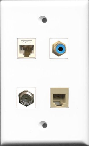 RiteAV 1 Port RCA Blue and 1 Port Coax Cable TV- F-Type and 1 Port Phone RJ11 RJ12 Beige and 1 Port Cat6 Ethernet White Wall Plate