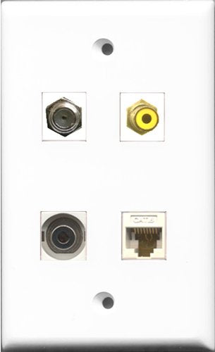 RiteAV 1 Port RCA Yellow and 1 Port Coax Cable TV- F-Type and 1 Port 3.5mm and 1 Port Cat6 Ethernet White Wall Plate
