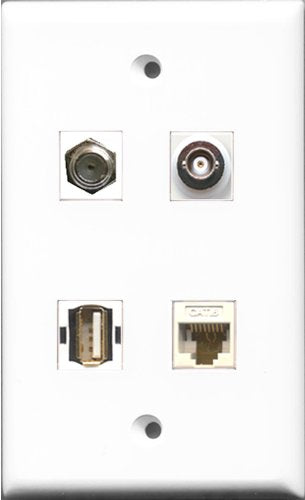 RiteAV 1 Port Coax Cable TV- F-Type and 1 Port USB A-A and 1 Port BNC and 1 Port Cat6 Ethernet White Wall Plate