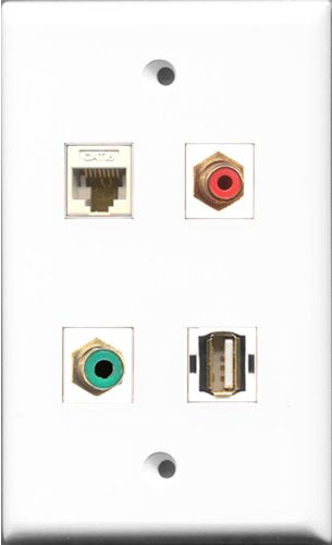 RiteAV 1 Port RCA Red and 1 Port RCA Green and 1 Port USB A-A and 1 Port Cat6 Ethernet White Wall Plate