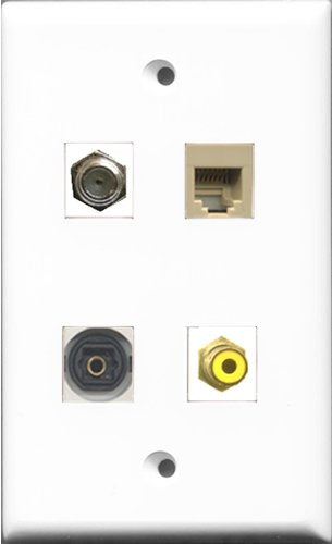 RiteAV 1 Port RCA Yellow and 1 Port Coax Cable TV- F-Type and 1 Port Phone RJ11 RJ12 Beige and 1 Port Toslink Wall Plate