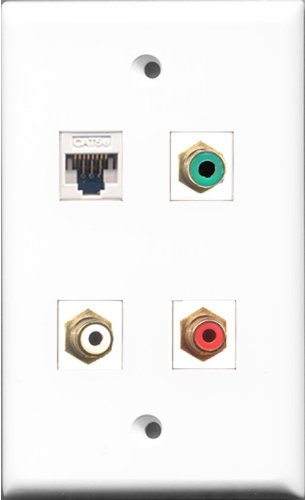 RiteAV 1 Port RCA Red and 1 Port RCA White and 1 Port RCA Green and 1 Port Cat5e Ethernet White Wall Plate