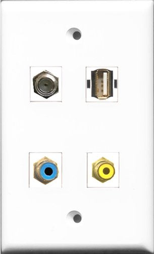 RiteAV 1 Port RCA Yellow and 1 Port RCA Blue and 1 Port Coax Cable TV- F-Type and 1 Port USB A-A Wall Plate