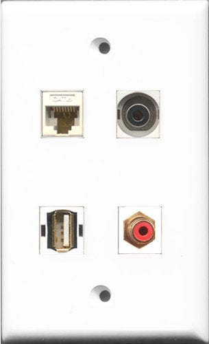 RiteAV 1 Port RCA Red and 1 Port USB A-A and 1 Port 3.5mm and 1 Port Cat6 Ethernet White Wall Plate