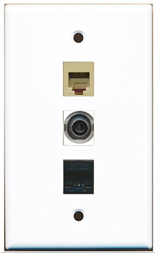 RiteAV - 1 Port Phone RJ11 RJ12 Beige and 1 Port 3.5mm and 1 Port Cat5e Ethernet Black Wall Plate