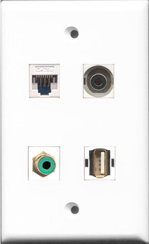 RiteAV - 1 Port RCA Green and 1 Port USB A-A and 1 Port 3.5mm and 1 Port Cat5e Ethernet White Wall Plate