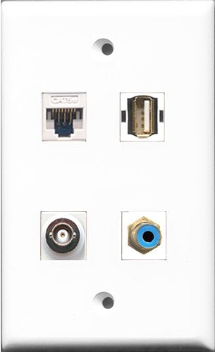 RiteAV 1 Port RCA Blue and 1 Port USB A-A and 1 Port BNC and 1 Port Cat5e Ethernet White Wall Plate