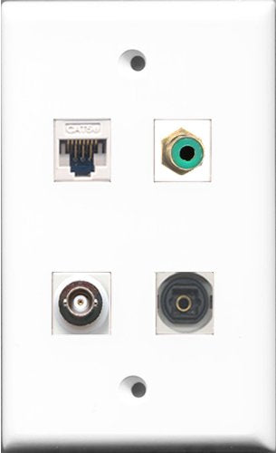 RiteAV 1 Port RCA Green and 1 Port Toslink and 1 Port BNC and 1 Port Cat5e Ethernet White Wall Plate