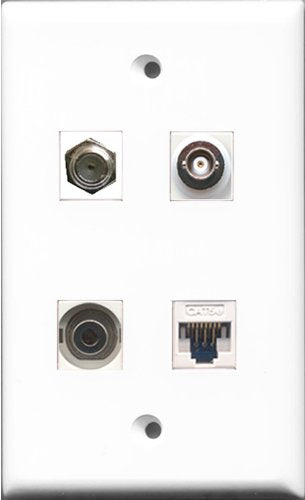 RiteAV 1 Port Coax Cable TV- F-Type and 1 Port 3.5mm and 1 Port BNC and 1 Port Cat5e Ethernet White Wall Plate