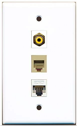 RiteAV - 1 Port RCA Yellow and 1 Port Phone RJ11 RJ12 Beige and 1 Port Cat5e Ethernet White Wall Plate