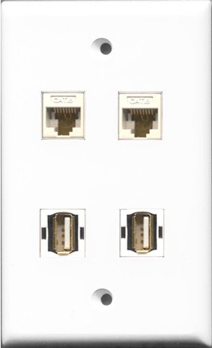RiteAV - 2 Port USB A-A 2 Port Cat6 Ethernet White Wall Plate