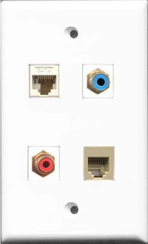 RiteAV 1 Port RCA Red and 1 Port RCA Blue and 1 Port Phone RJ11 RJ12 Beige and 1 Port Cat6 Ethernet White Wall Plate
