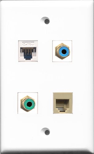 RiteAV 1 Port RCA Green and 1 Port RCA Blue and 1 Port Phone RJ11 RJ12 Beige and 1 Port Cat5e Ethernet White Wall Plate