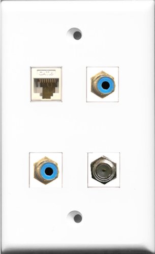 RiteAV - 2 Port RCA Blue and 1 Port Coax Cable TV- F-Type and 1 Port Cat6 Ethernet White Wall Plate