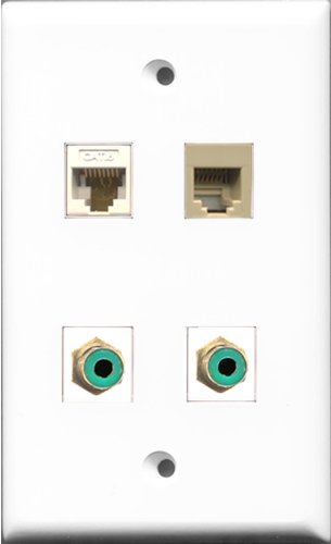 RiteAV - 2 Port RCA Green and 1 Port Phone RJ11 RJ12 Beige and 1 Port Cat6 Ethernet White Wall Plate