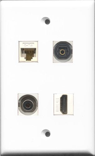 RiteAV 1 Port HDMI and 1 Port Toslink and 1 Port 3.5mm and 1 Port Cat6 Ethernet White Wall Plate