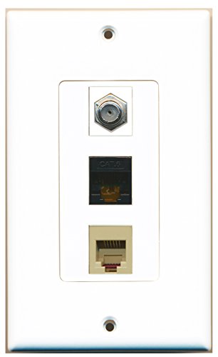 RiteAV - 1 Port Coax Cable TV- F-Type and 1 Port Phone RJ11 RJ12 Beige and 1 Port Cat6 Ethernet Black Decorative Wall Plate Decorative