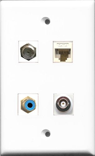 RiteAV 1 Port RCA Blue and 1 Port Coax Cable TV- F-Type and 1 Port BNC and 1 Port Cat6 Ethernet White Wall Plate