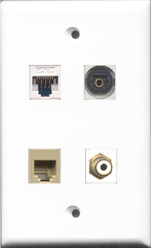 RiteAV 1 Port RCA White and 1 Port Phone RJ11 RJ12 Beige and 1 Port Toslink and 1 Port Cat5e Ethernet White Wall Plate
