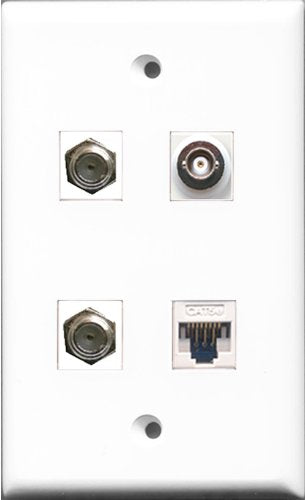 RiteAV - 2 Port Coax Cable TV- F-Type and 1 Port BNC and 1 Port Cat5e Ethernet White Wall Plate
