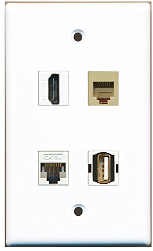 RiteAV - 1 Port HDMI 1 Port USB A-A 1 Port Phone RJ11 RJ12 Beige 1 Port Cat5e Ethernet White Wall Plate