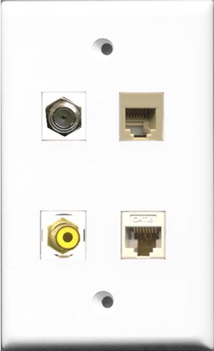RiteAV 1 Port RCA Yellow and 1 Port Coax Cable TV- F-Type and 1 Port Phone RJ11 RJ12 Beige and 1 Port Cat6 Ethernet White Wall Plate