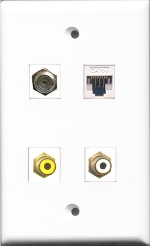 RiteAV 1 Port RCA White and 1 Port RCA Yellow and 1 Port Coax Cable TV- F-Type and 1 Port Cat5e Ethernet White Wall Plate