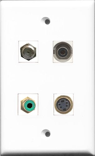 RiteAV 1 Port RCA Green and 1 Port Coax Cable TV- F-Type and 1 Port S-Video and 1 Port 3.5mm Wall Plate