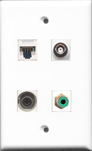 RiteAV - 1 Port RCA Green and 1 Port 3.5mm and 1 Port BNC and 1 Port Cat5e Ethernet White Wall Plate