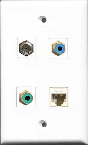 RiteAV 1 Port RCA Green and 1 Port RCA Blue and 1 Port Coax Cable TV- F-Type and 1 Port Cat6 Ethernet White Wall Plate