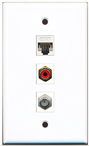 RiteAV - 1 Port RCA Red and 1 Port Coax Cable TV- F-Type and 1 Port Cat5e Ethernet White Wall Plate