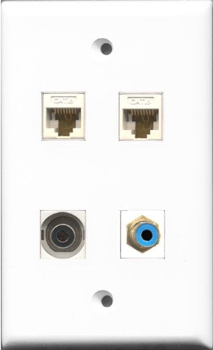 RiteAV 1 Port RCA Blue and 1 Port 3.5mm 2 Port Cat6 Ethernet White Wall Plate