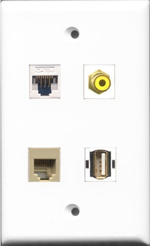 RiteAV 1 Port RCA Yellow and 1 Port USB A-A and 1 Port Phone RJ11 RJ12 Beige and 1 Port Cat5e Ethernet White Wall Plate