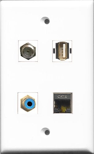 RiteAV 1 Port RCA Blue and 1 Port Coax Cable TV- F-Type and 1 Port USB A-A and 1 Port Shielded Cat6 Ethernet Wall Plate