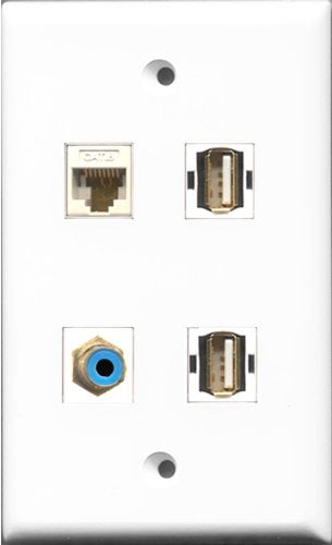 RiteAV 1 Port RCA Blue 2 Port USB A-A and 1 Port Cat6 Ethernet White Wall Plate