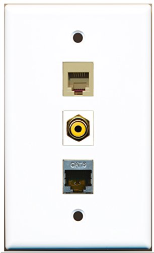 RiteAV - 1 Port RCA Yellow and 1 Port Phone RJ11 RJ12 Beige and 1 Port Shielded Cat6 Ethernet Wall Plate
