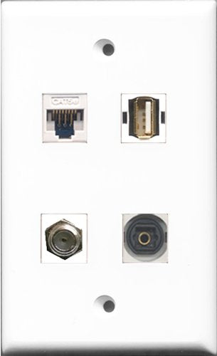 RiteAV 1 Port Coax Cable TV- F-Type and 1 Port USB A-A and 1 Port Toslink and 1 Port Cat5e Ethernet White Wall Plate