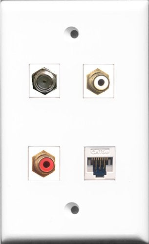 RiteAV 1 Port RCA Red and 1 Port RCA White and 1 Port Coax Cable TV- F-Type and 1 Port Cat5e Ethernet White Wall Plate