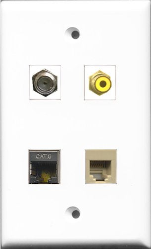 RiteAV 1 Port RCA Yellow and 1 Port Coax Cable TV- F-Type and 1 Port Phone RJ11 RJ12 Beige and 1 Port Shielded Cat6 Ethernet Wall Plate