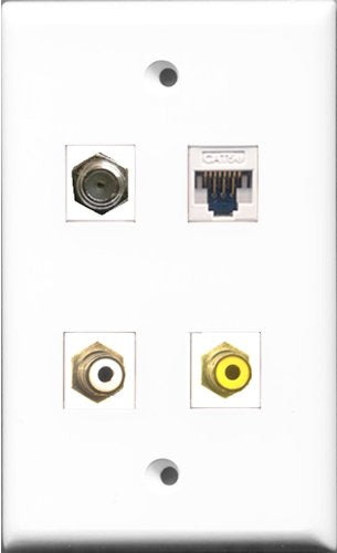 RiteAV 1 Port RCA White and 1 Port RCA Yellow and 1 Port Coax Cable TV- F-Type and 1 Port Cat5e Ethernet White Wall Plate