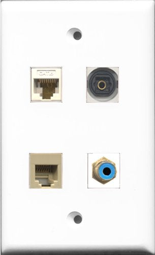 RiteAV 1 Port RCA Blue and 1 Port Phone RJ11 RJ12 Beige and 1 Port Toslink and 1 Port Cat6 Ethernet White Wall Plate