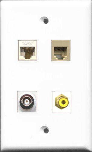 RiteAV 1 Port RCA Yellow and 1 Port Phone RJ11 RJ12 Beige and 1 Port BNC and 1 Port Cat6 Ethernet White Wall Plate