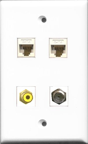RiteAV 1 Port RCA Yellow and 1 Port Coax Cable TV- F-Type 2 Port Cat6 Ethernet White Wall Plate