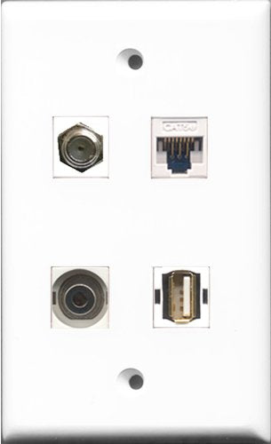 RiteAV 1 Port Coax Cable TV- F-Type and 1 Port USB A-A and 1 Port 3.5mm and 1 Port Cat5e Ethernet White Wall Plate