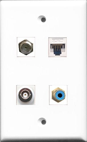 RiteAV 1 Port RCA Blue and 1 Port Coax Cable TV- F-Type and 1 Port BNC and 1 Port Cat5e Ethernet White Wall Plate