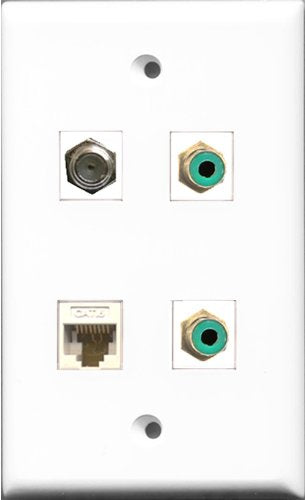 RiteAV - 2 Port RCA Green and 1 Port Coax Cable TV- F-Type and 1 Port Cat6 Ethernet White Wall Plate