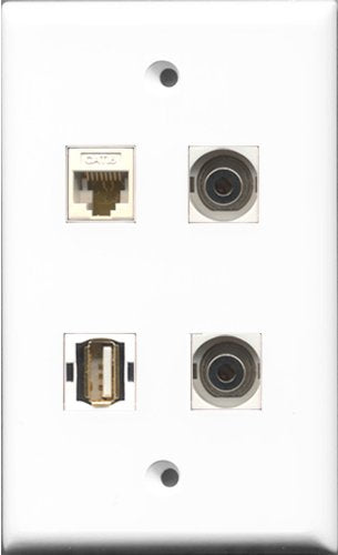 RiteAV 1 Port USB A-A 2 Port 3.5mm and 1 Port Cat6 Ethernet White Wall Plate