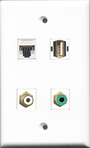 RiteAV 1 Port RCA White and 1 Port RCA Green and 1 Port USB A-A and 1 Port Cat5e Ethernet White Wall Plate
