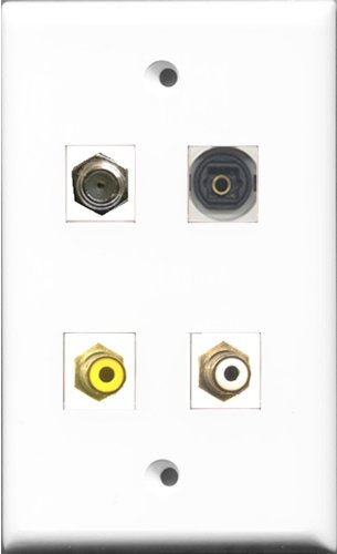 RiteAV 1 Port RCA White and 1 Port RCA Yellow and 1 Port Coax Cable TV- F-Type and 1 Port Toslink Wall Plate