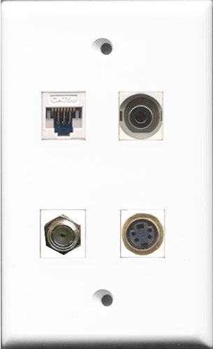 RiteAV - 1 Port Coax Cable TV- F-Type and 1 Port S-Video and 1 Port 3.5mm and 1 Port Cat5e Ethernet White Wall Plate